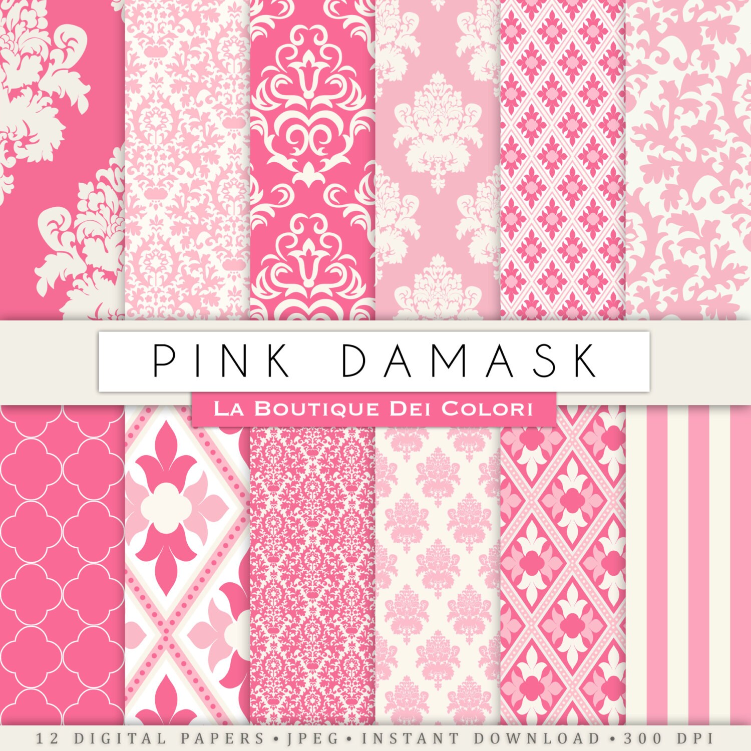 Cute pink damask digital paper. Pink by LaBoutiqueDeiColori