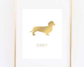 Dachshund Art Print, Weiner Dog, Faux Gold Dachshund Print, Personalized Dog Print, 5x7, 8X10, 11x14 Pet Print