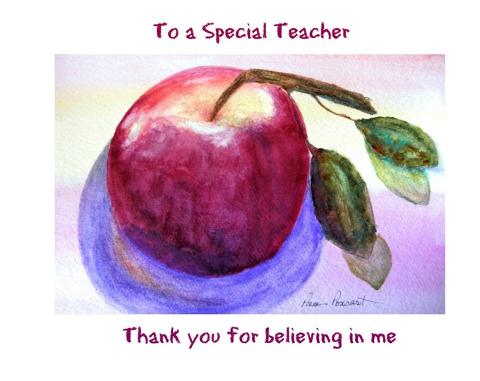 HANDMADE GREETING CARD, Teacher Thank You, Watercolor Reproduction, Red Apple and Text, Blank Inside Stationary, Coordinating Envelope