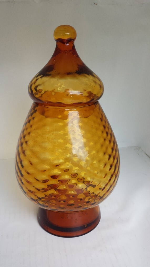 Vintage Amber Glass Pedestal Lid Jar Canister Dimples Pattern