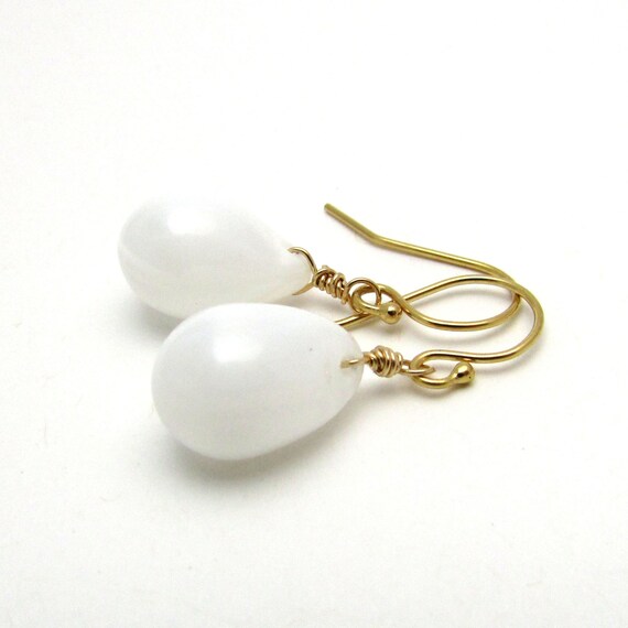 White glass earrings, gold white jewelry, snow white drop earrings ...