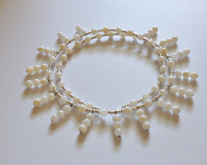 white shell and silver glass bead memory wire necklace
