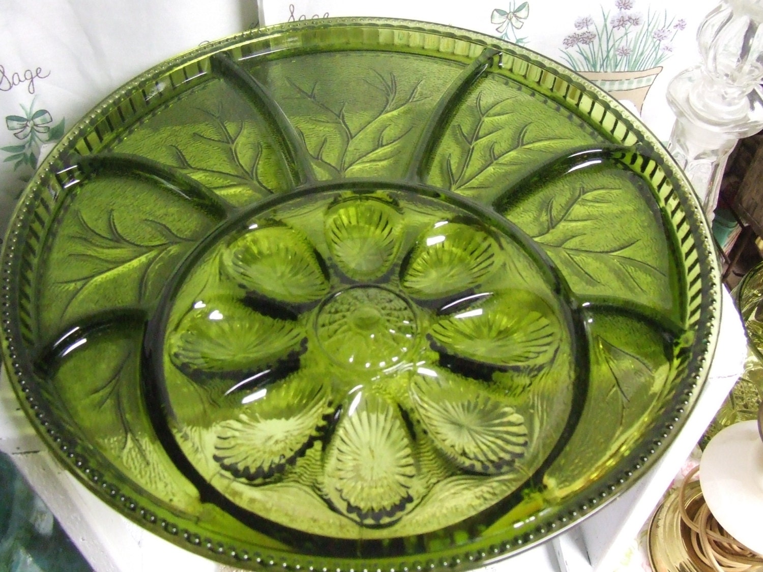 Antique Indiana Green Glass Deviled Egg/Relish Tray Haute Juice