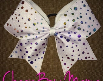 White Cheer Bow with Rainbow Dots