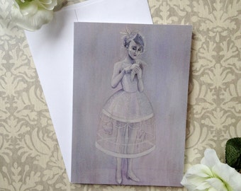 les cage aux fille 5 x 7 inch blank watercolor greeting card woman with birdcage print
