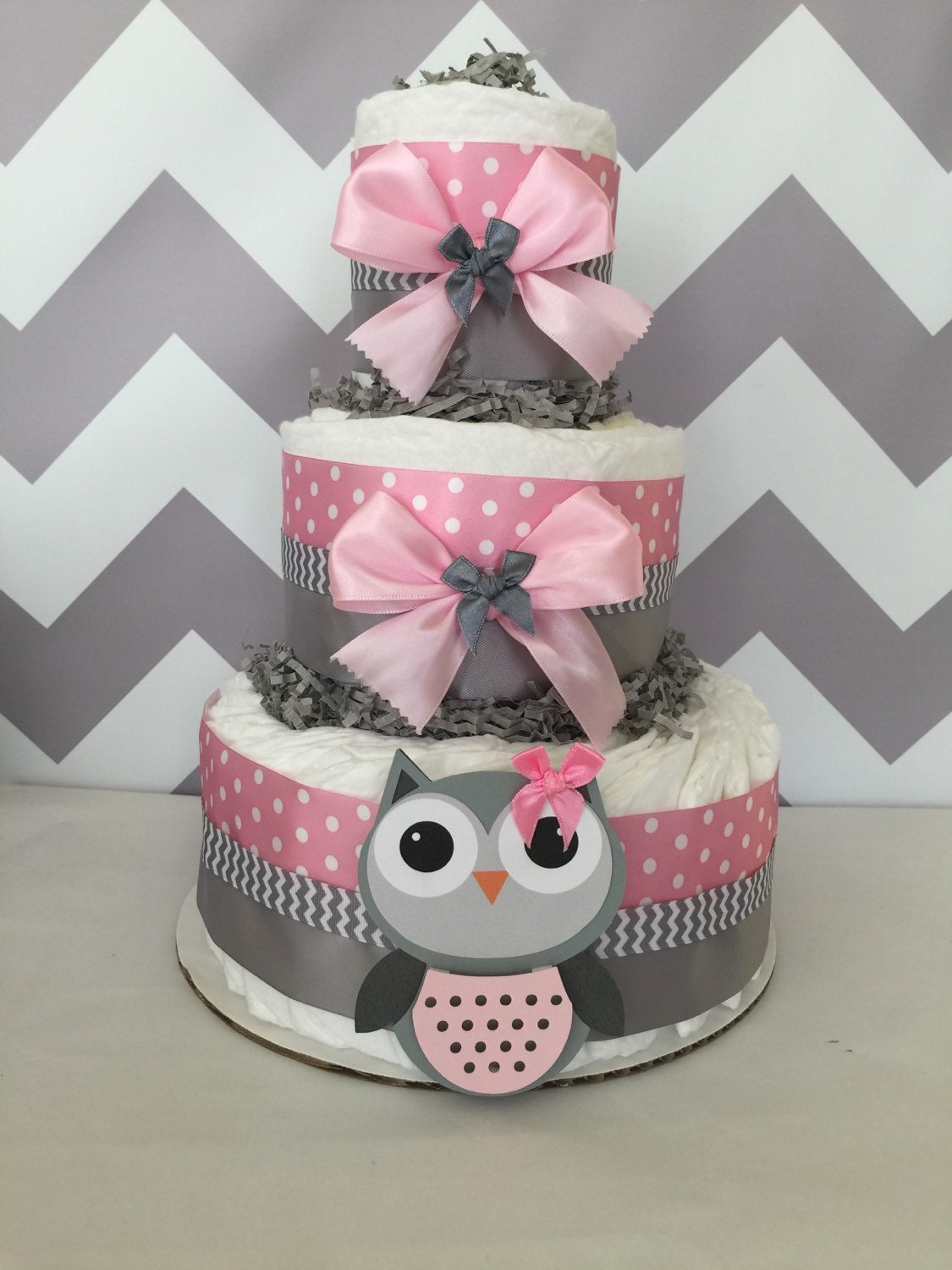 Owl Baby Shower Diaper Cake in Pink and Grey/Owl Baby