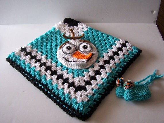 Hand Crocheted Olaf Frozen Granny Square Baby Blanket/