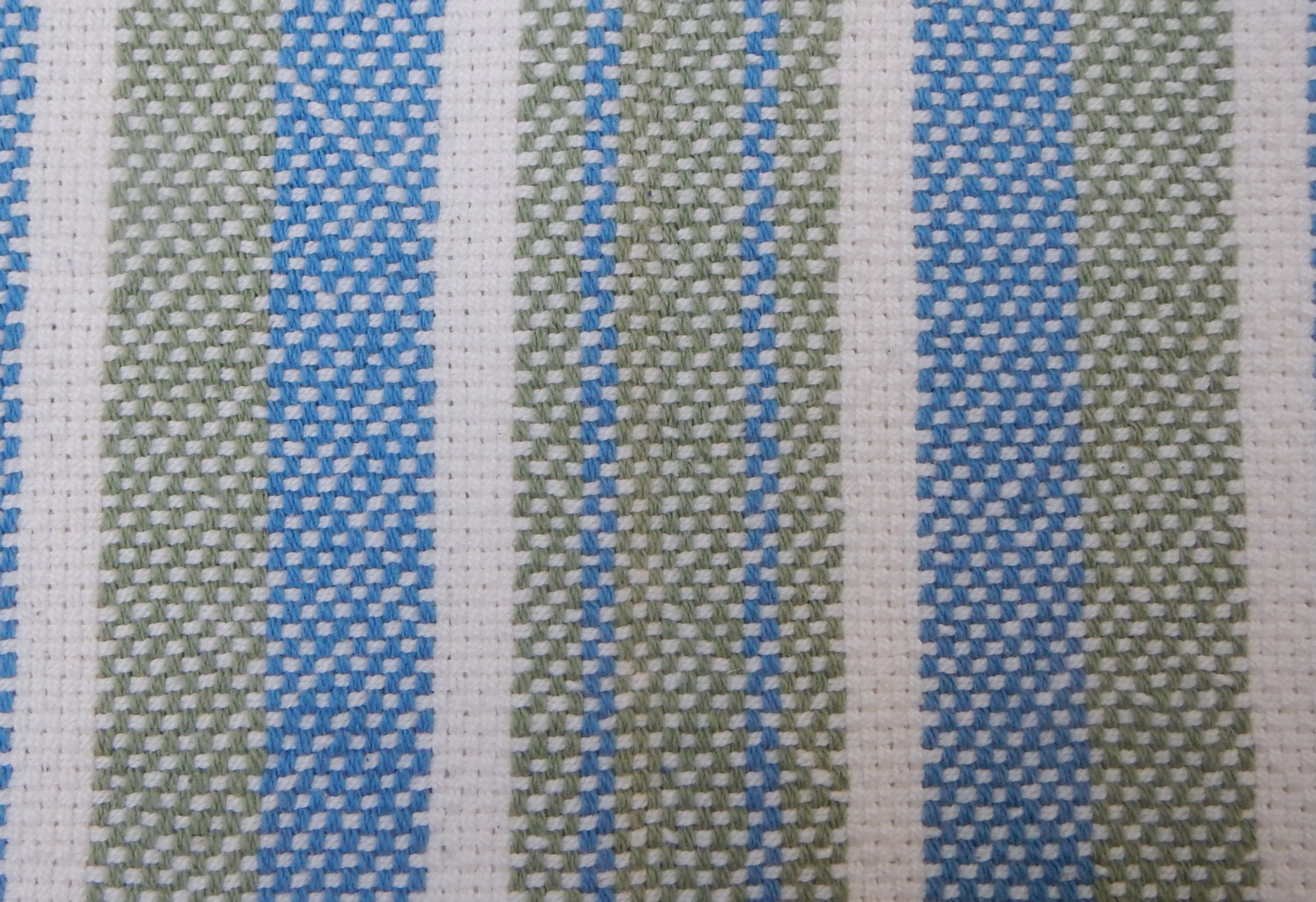 Handwoven striped towel blue green and white by WarpedWeavings