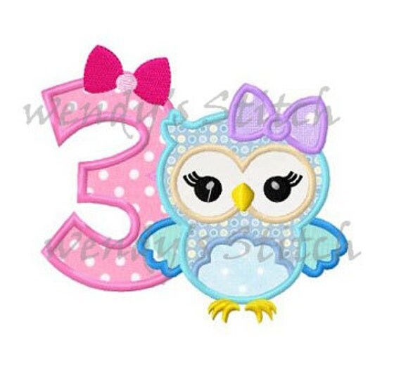 girly owl number 3 birthday applique machine embroidery design