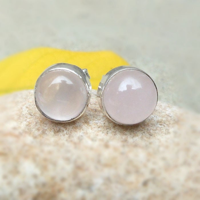Rose Quartz Silver Stud Earring Round Post by FineSilverStudio