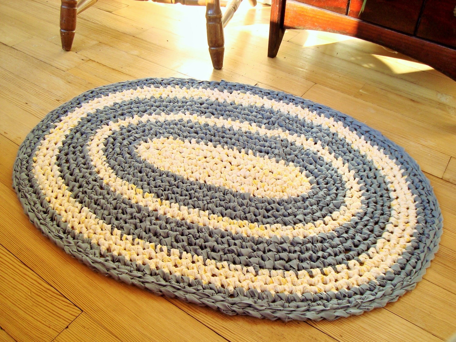 Crochet Rag Rug Oval Gray and Yellow Rag Rug by MarlenesSewingRoom