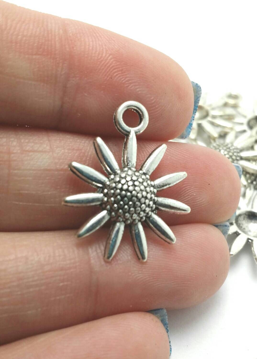 BUK 50 Sunflower Charms, Flower Charms, Silver Garden Charms, Bulk