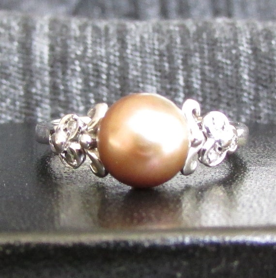 Cocoa Pearl and Diamond Ring Solid 14K White Gold by Ringtique
