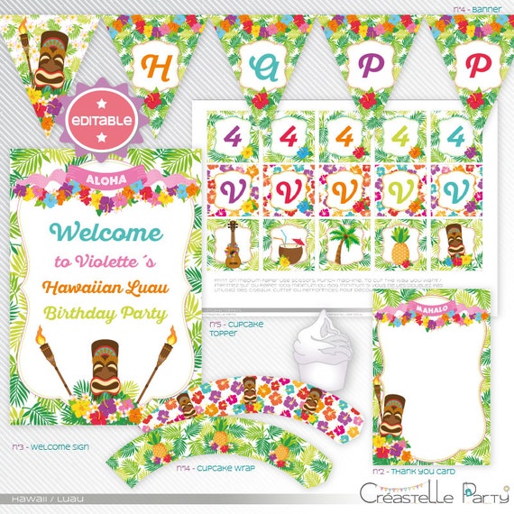 Hawaiian Luau  editable printable party decoration package  INSTANT