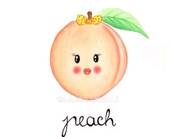 Peach fruit art original watercolor painting. Cute peach illustration. Whimsical fruit painting. Fruit nursery art. Kitchen food wall art.