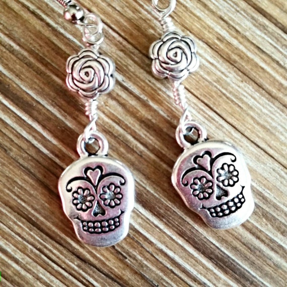 Silver Plated Dia de los Muertos Sugar Skull Earrings with