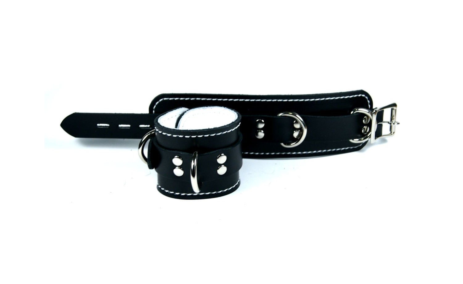 Black Leather Locking Cuffs with White Leather Lining Pair