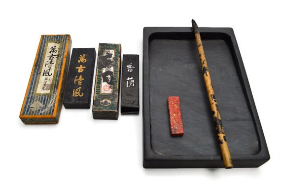 Vintage Japanese Suzuri Stone. Inkstone. Calligraphy Set.
