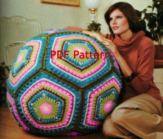 Vintage Hippie Granny Square Giant Floor Pillow Pouf Ball