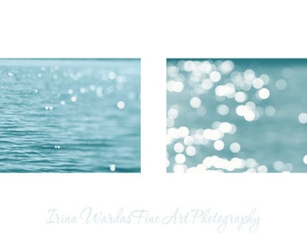 Nautical decor beach abstract light photography set of 2, bokeh sparkles, ocean sea photography 8x10, 11x14, sparkle water ripples teal art