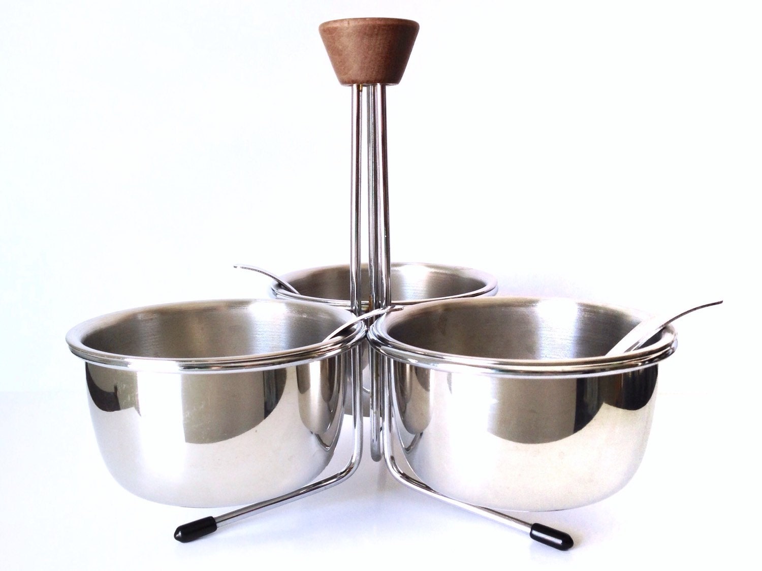 Vintage Modern Wood and Stainless Steel Condiment Bowls and