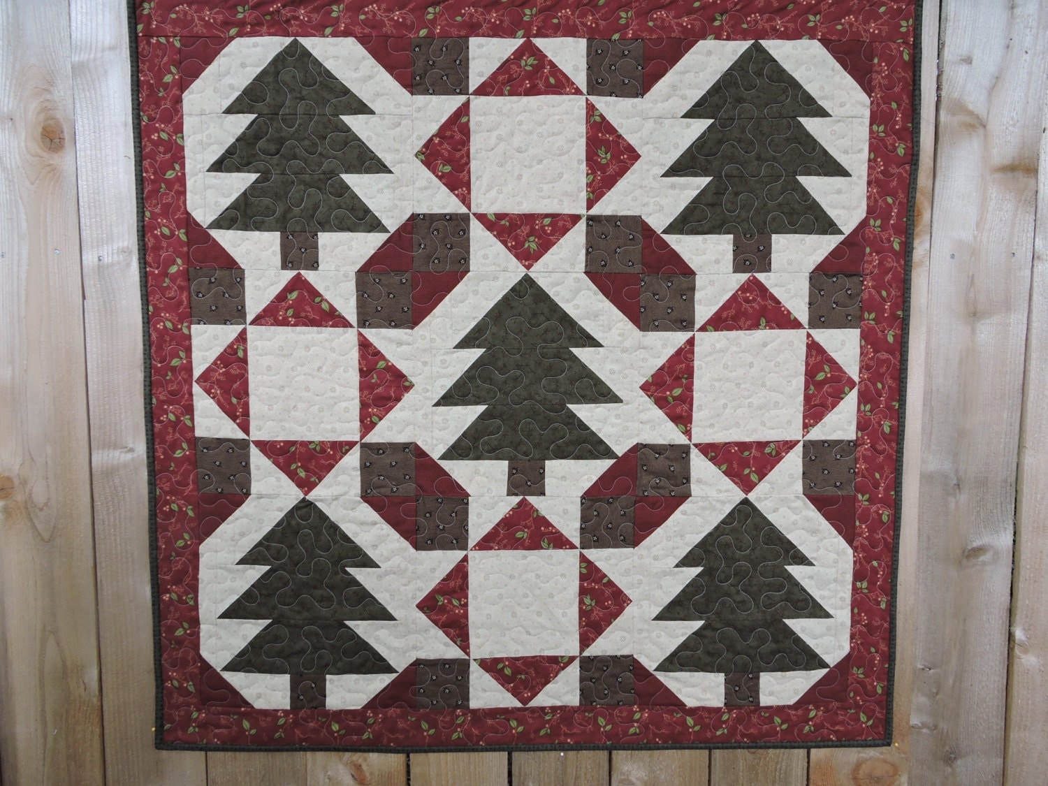 Christmas Quilt in Burgundy Green and Tan with Tree Blocks