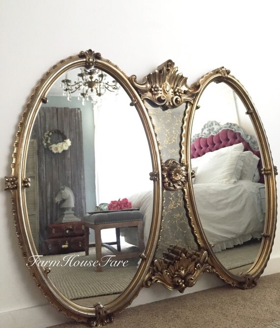 Elegant Double Oval Vanity Mirror Antique Gold Gilt Baroque French