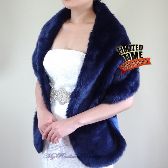 Faux Fur Stole Bridal Navy Blue Faux Fur Long by MyRadiantBeauty