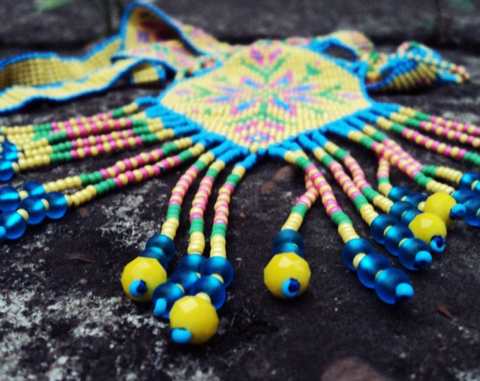 Ethnic woven beaded necklace Gerdan with national Ukrainian pattern in traditional Ukrainian colors, seed bead pendant, blue-yellow necklace