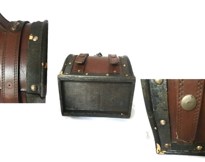 Vintage Pirate Treasure Chest Trinket Box - Small Chest Leather - Wood and Brass - Vintage Home Decor