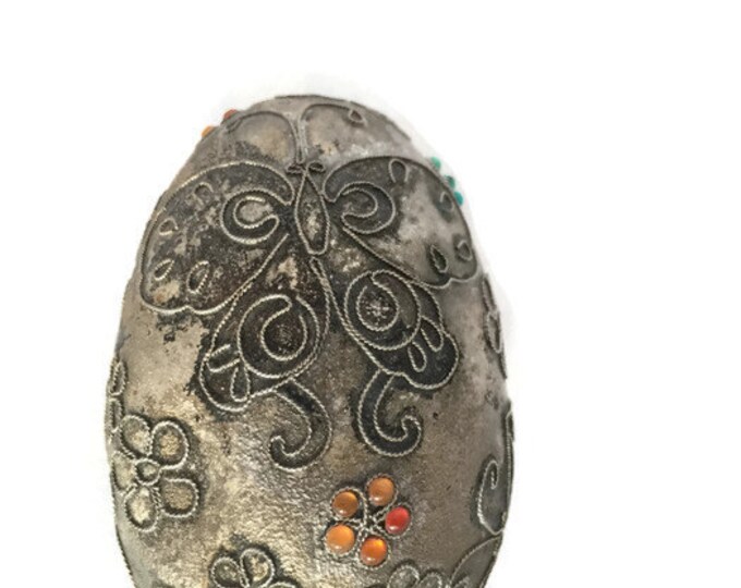 Antique Silver Ornament - Chinese Decorated Egg - with Turquoise and Coral - Butterflies and Flowers - Vintage Home Decor