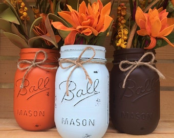 Set of 3 Hand Painted Mason Jars, Autumn, Home Decor, Fall Decor, Thanksgiving, Centerpiece, Fall Wedding, Farmhouse, Fall, Shabby Chic