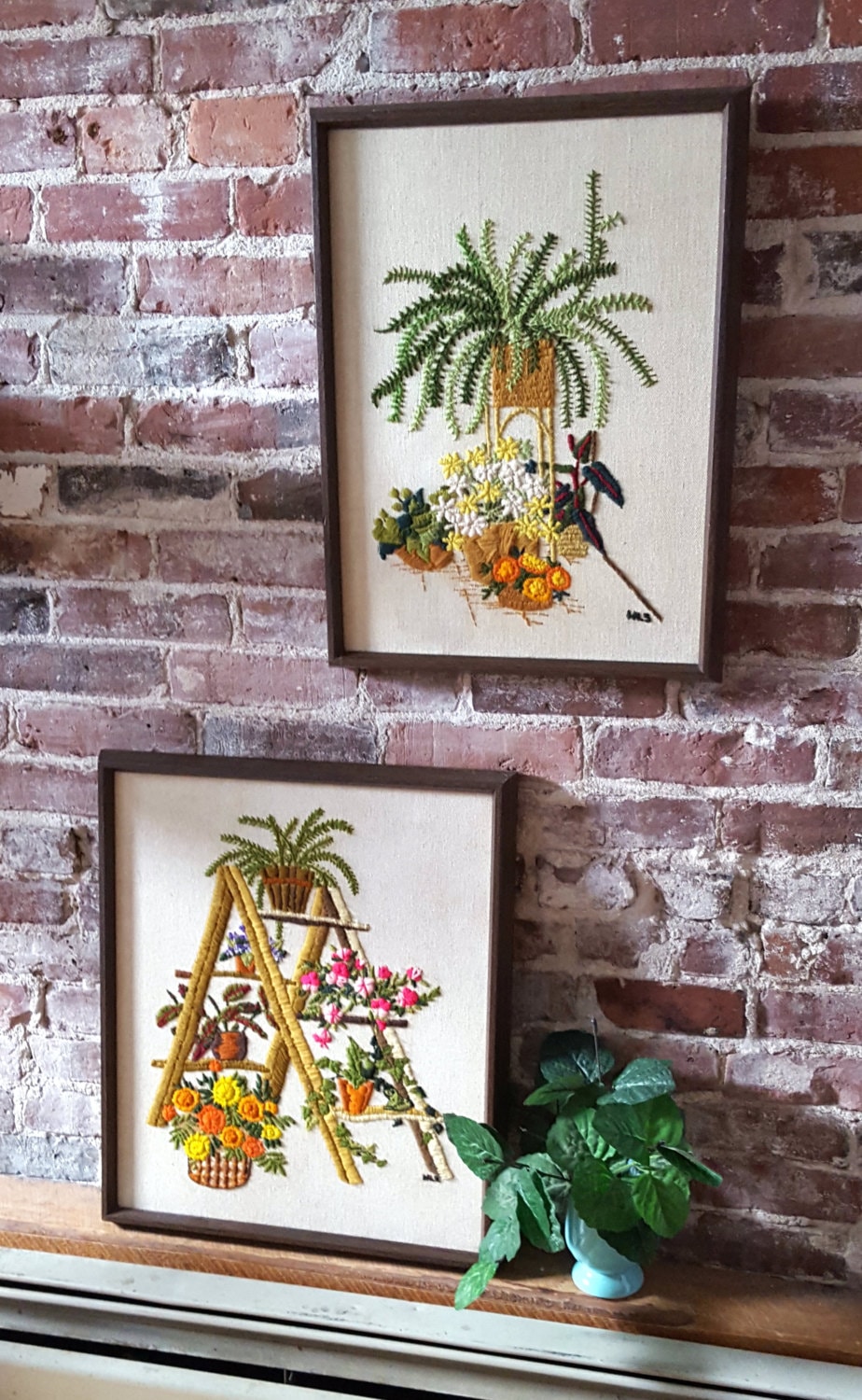 Vintage Pair of Crewel Framed Embroidery Yarn Art Plants