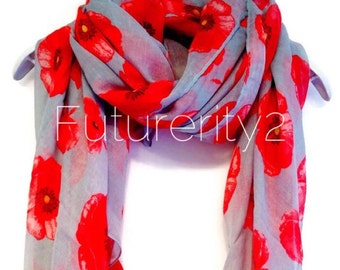 Red Poppy Grey Spring Scarf / Summer Scarf / Autumn Scarf / Gift For Her / Womens Scarves / Fashion Accessories