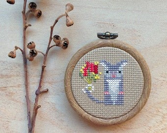 Possum Posy cute mini modern cross stitch pattern - ringtail possum with flowers - PDF download includes colour chart and instructions