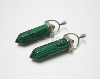 Green Malachite Pendant Rhodium bail Natural stone Malachite point Charms