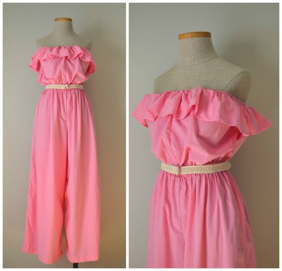 Boardwalk Taffy Vintage 70s Pink Strapless Jumpsuit 1970s