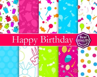 Happy Birthday digital paper pack * with birthday patterns, to use in scrapbooking, card making and backgrounds * Printable Instant