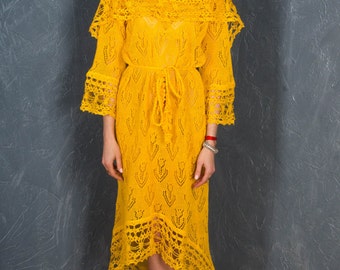 Crochet Yellow Dress, KNITTED lacy Tunic, CROCHETED dress, Crochet Hoodie Tunic,BOHO crocheted Dress LacyTunic Biggin Knitted Tunic