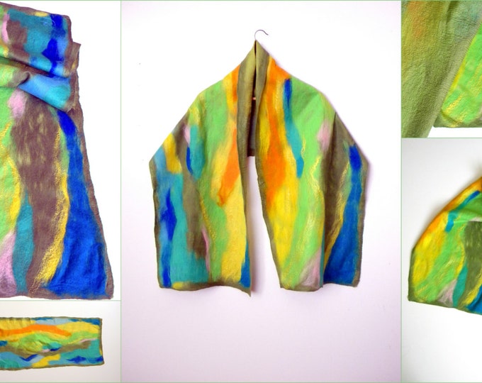 Women wool silk scarf Green cape Felted scarf Gift for mother Spring scarf inspirational women gift for her Art to wear Gift for girlfriend