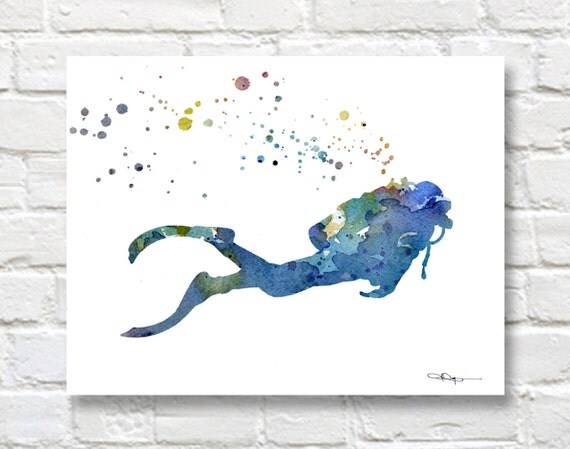 Scuba Diver Art Print Abstract Watercolor Painting Wall