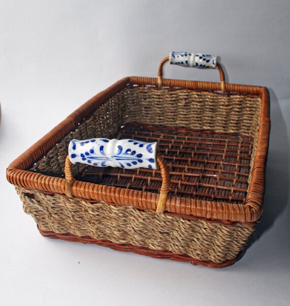 Vintage Wicker Basket ceramic handles rustic homewares