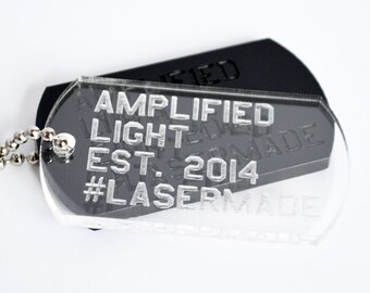 Custom personalized engraved U.S. military dog tag necklace on clear and black acrylic