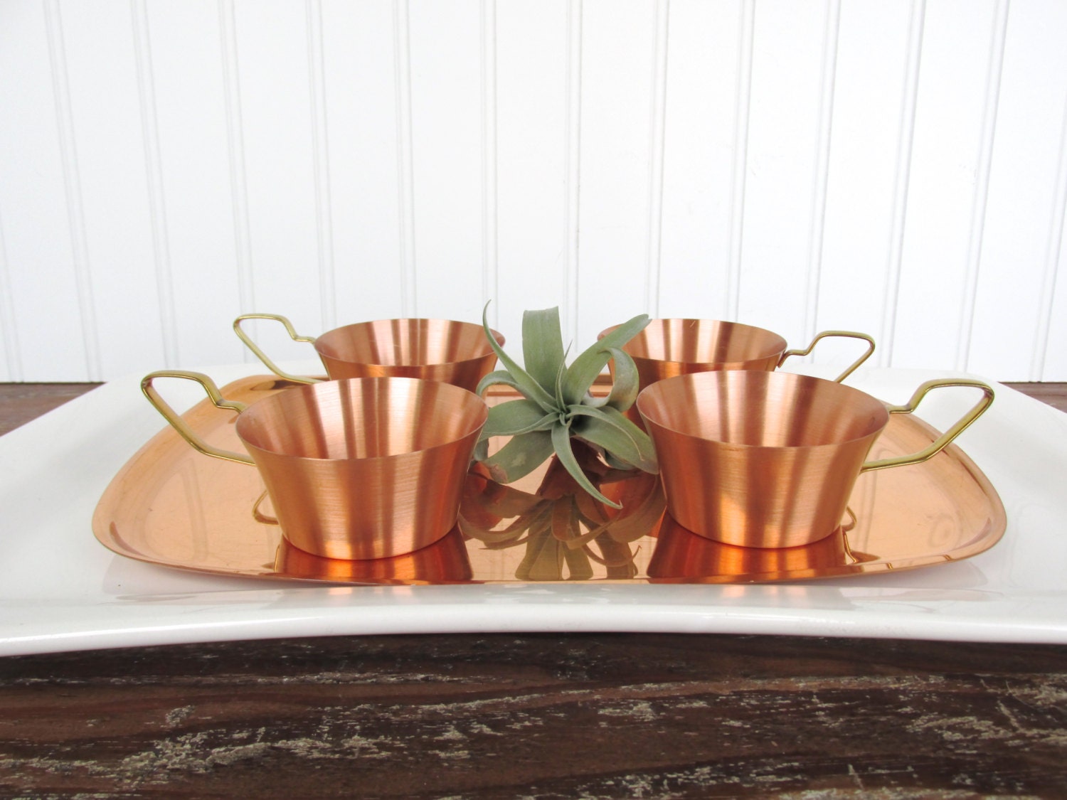 Vintage Copper Tea Cup And Serving Tray Set