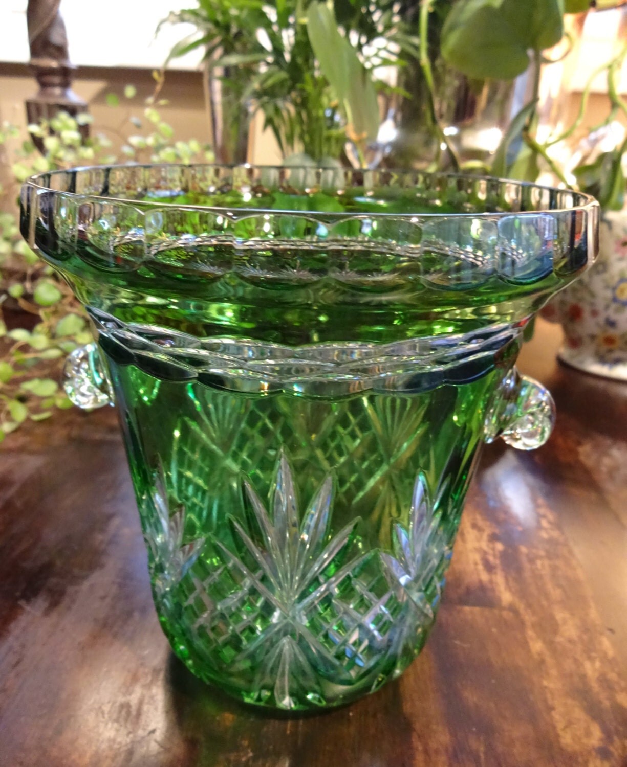Green Crystal Cut to Clear Ice Bucket with Snail Handles