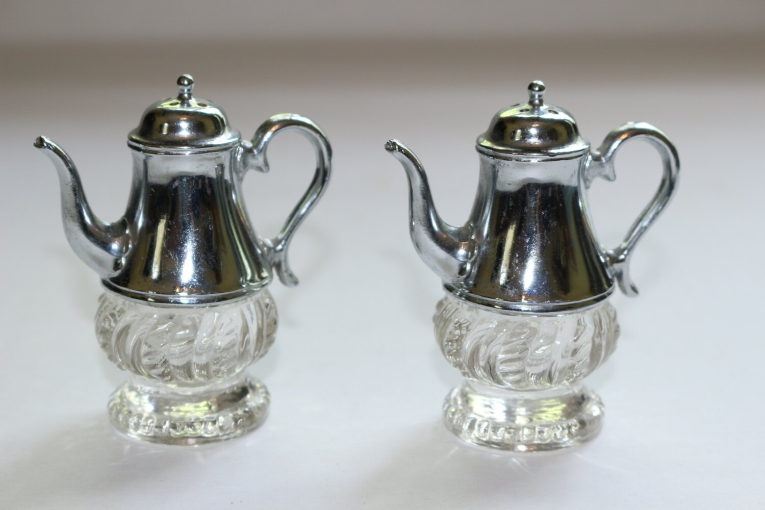 Cut Glass Pewter Teapot Salt Pepper Shakers Collectible Kitchen Dining