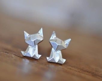 Sterling Silver Origami Cat / Fox Earrings, Cat Earrings, Silver Cat Earrings, Origami Animal Jewelry