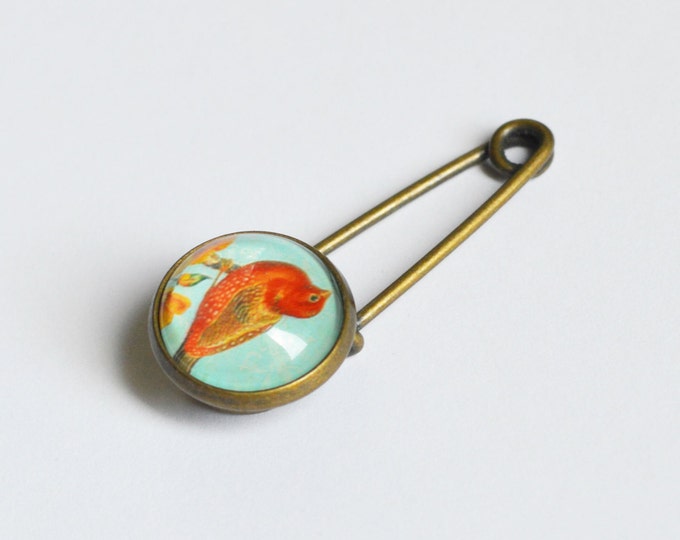 Bird Of Happiness // Mini pin-brooch made from metal brass with image under glass // 2015 Best Trends // Boho Chic // Fresh Gifts for All //