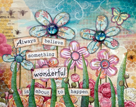 Whimsical flowers quote art flower garden pink blue torn