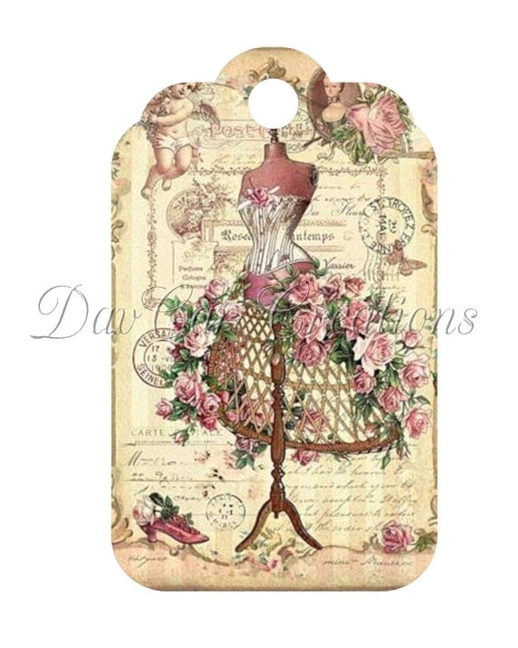 French Themed Gift Tags Dress Form Roses French Postage